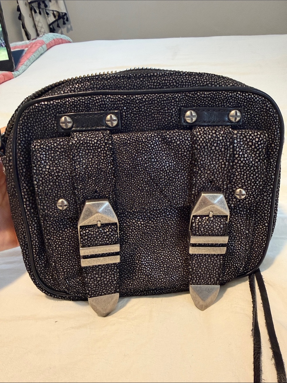 Rebecca Minkoff Black Textured Crossbody Bag with Silver Hardware